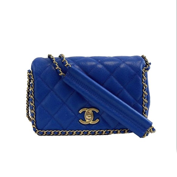 Chanel Mini Chain Around Multi Chain Full Flap Bag Quilted Caviar 22B Blue - Picture 1 of 16